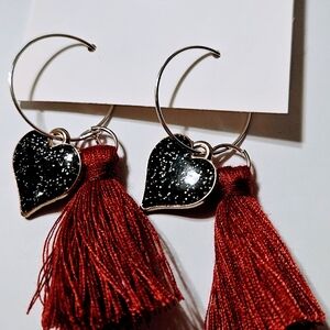 Elegant Black Heart Earrings with Red Tassels